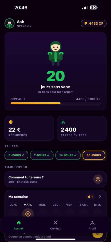 Accueil : jours sans vape, paliers et humeur