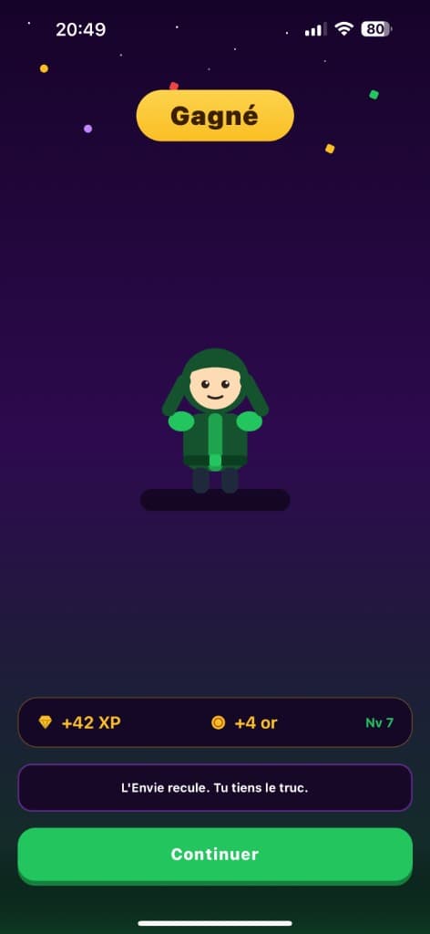 Victoire : XP, or et message de motivation